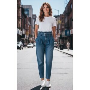 Polo Ralph Lauren Paperbag Waist Pleated Jeans Medium Wash Belted Tapered Leg